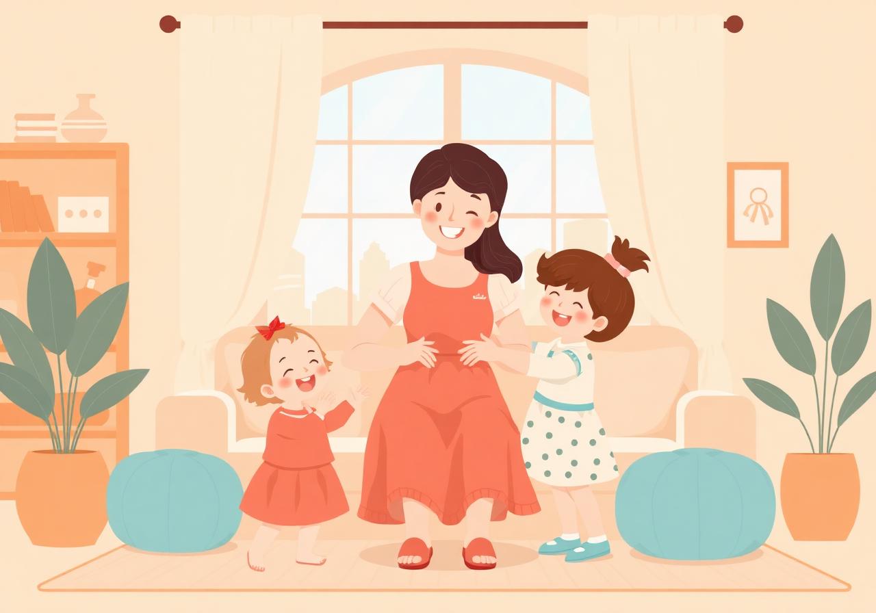An au pair playing with two children in a warm family home